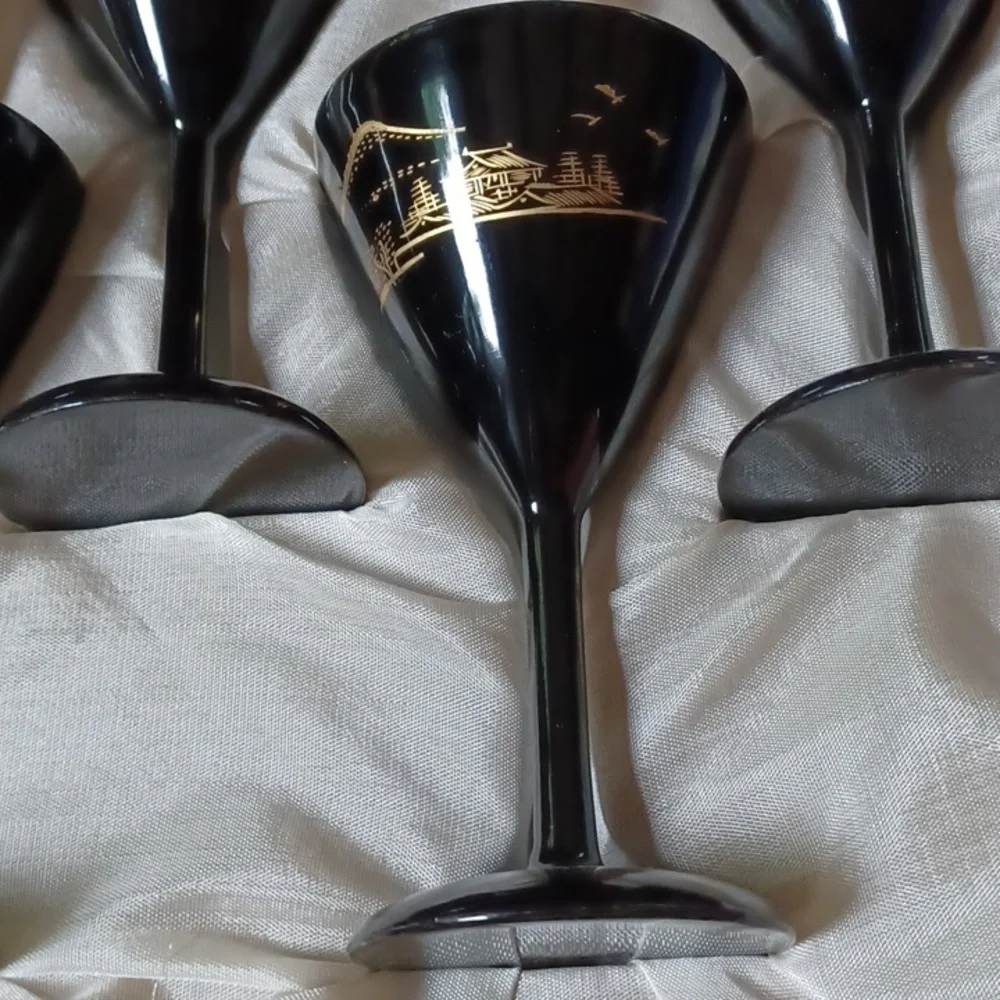 Japanese wooden lacquerware wine glass set and tray in box, vintage